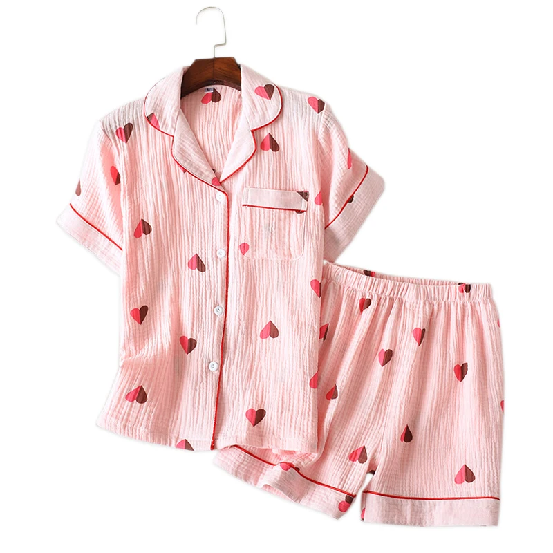 

100% crape cotton sweet love sleepwear women shorts pajama sets Japanese casual short sleeves Korea Cute freshly women homewear