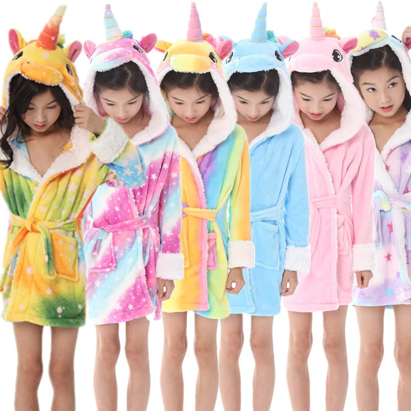 

Baby Bathrobes For Girls Pajamas Kids Hooded Rainbow Stars Unicorn Beach Towel Boys Bath Robe Sleepwear Children Clothing Pyjama