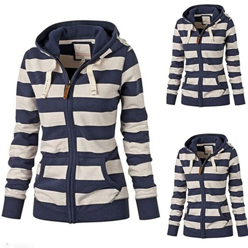 Women Warm Jacket Striped Hoodie Sweatshirt Top Hooded Pockets Zipper Coat