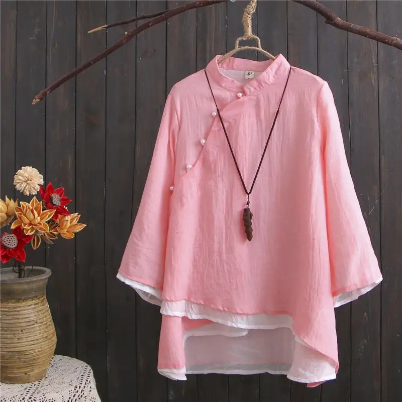 Nagodo китайская туника топ Новая летняя Этническая одежда для женщин свободные льняные Топы с длинным рукавом Hanfu античный топ со стоячим воротником - Цвет: pink