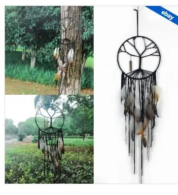 28" Tree of Life Net Bead Feather Hanging Dreamcatcher Dream Catcher Decor Home - Цвет: Черный