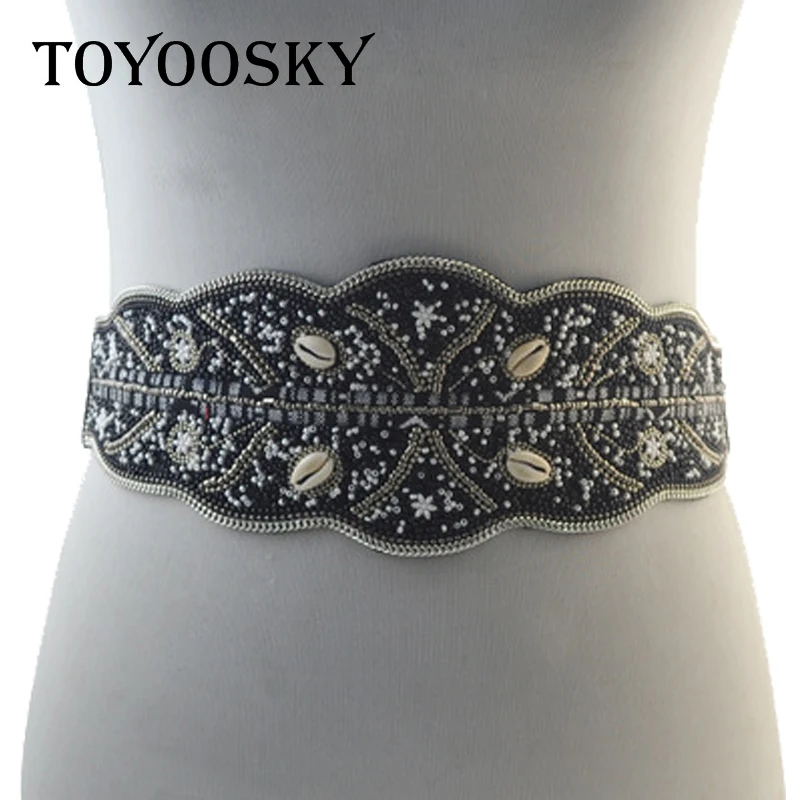 

2019 New Arrival Women OL Shell Beads Handmade Cummerbunds Alloy Snap Buckle Elastic Waistband for Ladies Street Shoot TOYOOSKY