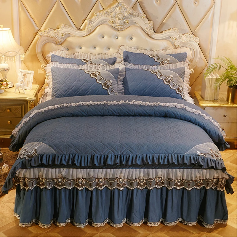 

4pcs Bedding Set Luxury European Bed Set Thick Cotton Duvet Cover, Bed Skirt, Pillowcases Solid King Queen Size Bedding Sets