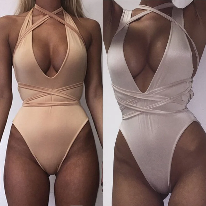 الصيف الشاطئ ارتداء الدانتيل يصل الجيش الأخضر Bikiny ارتداءها قطعة واحدة الجسم النساء Bodycon عارية الذراعين مثير عبر ضمادة داخلية ملابس السباحة