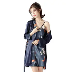 Весна Осень Лето Женская шелковый халат с длинными рукавами сексуальная ночная рубашка двойка домашняя Loungewear атласные пижамы
