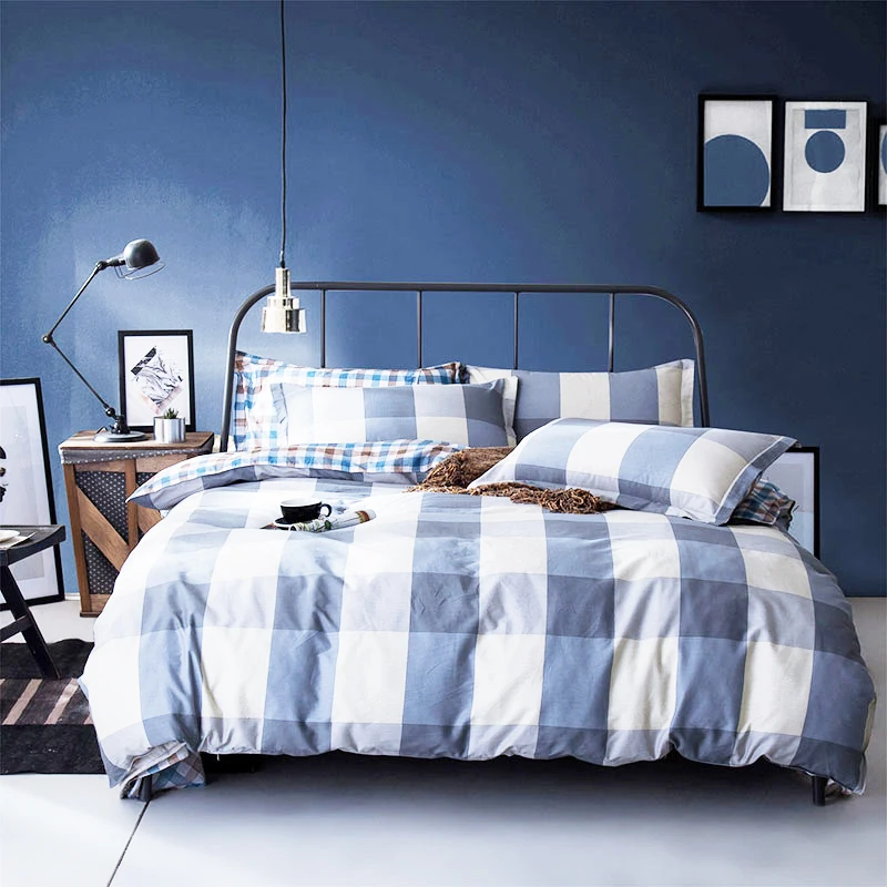 Bedding Set Home Textile Duvet Cover Sheet Pillowcase Bed Linen Double 4pcs Blue Plaid | Дом и сад