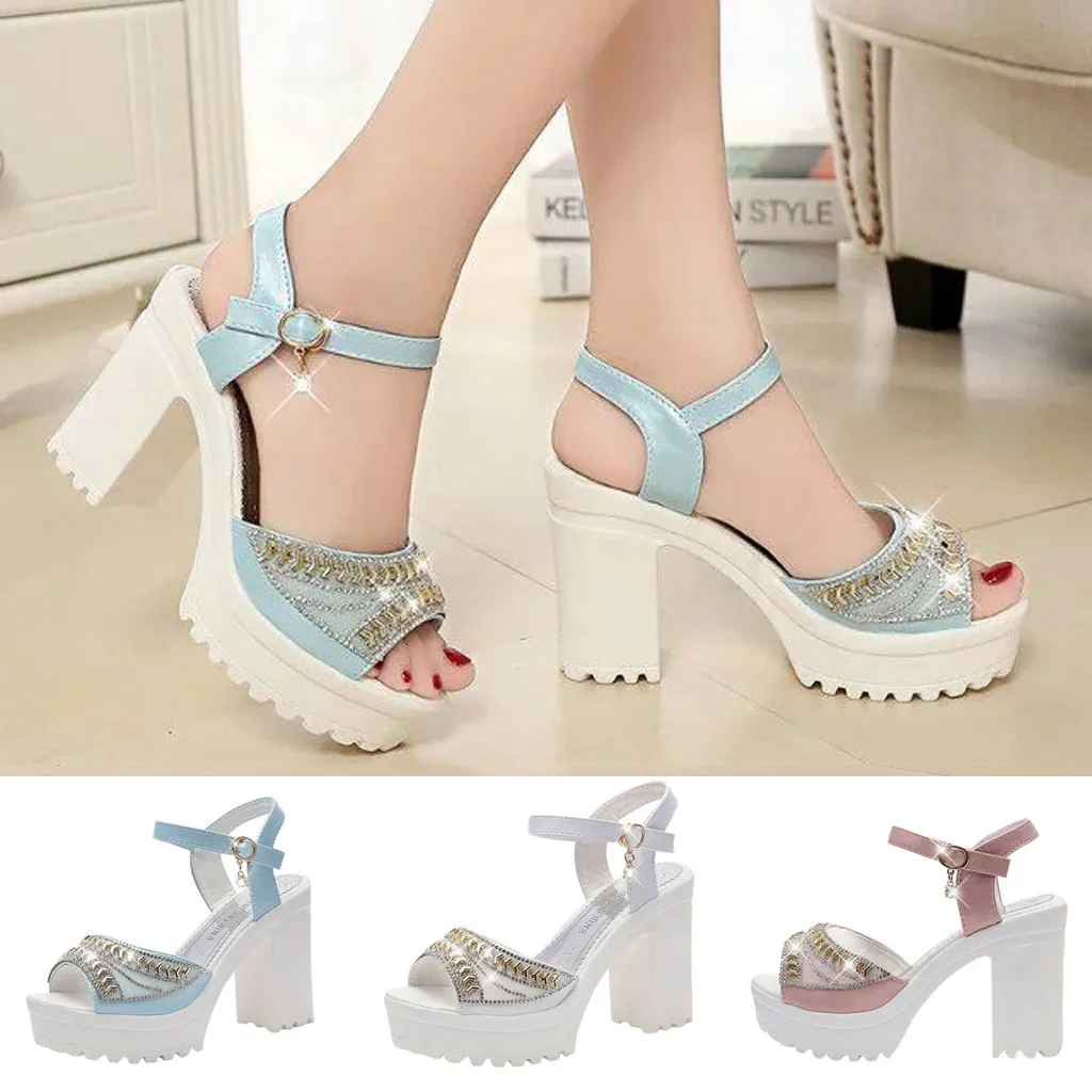 

ONTO-MATO Famous Brand Women's High Heel Thick And Muffin Heel With Buckle Open Toe Rhinestone Sandals Dropshipping Sandalen