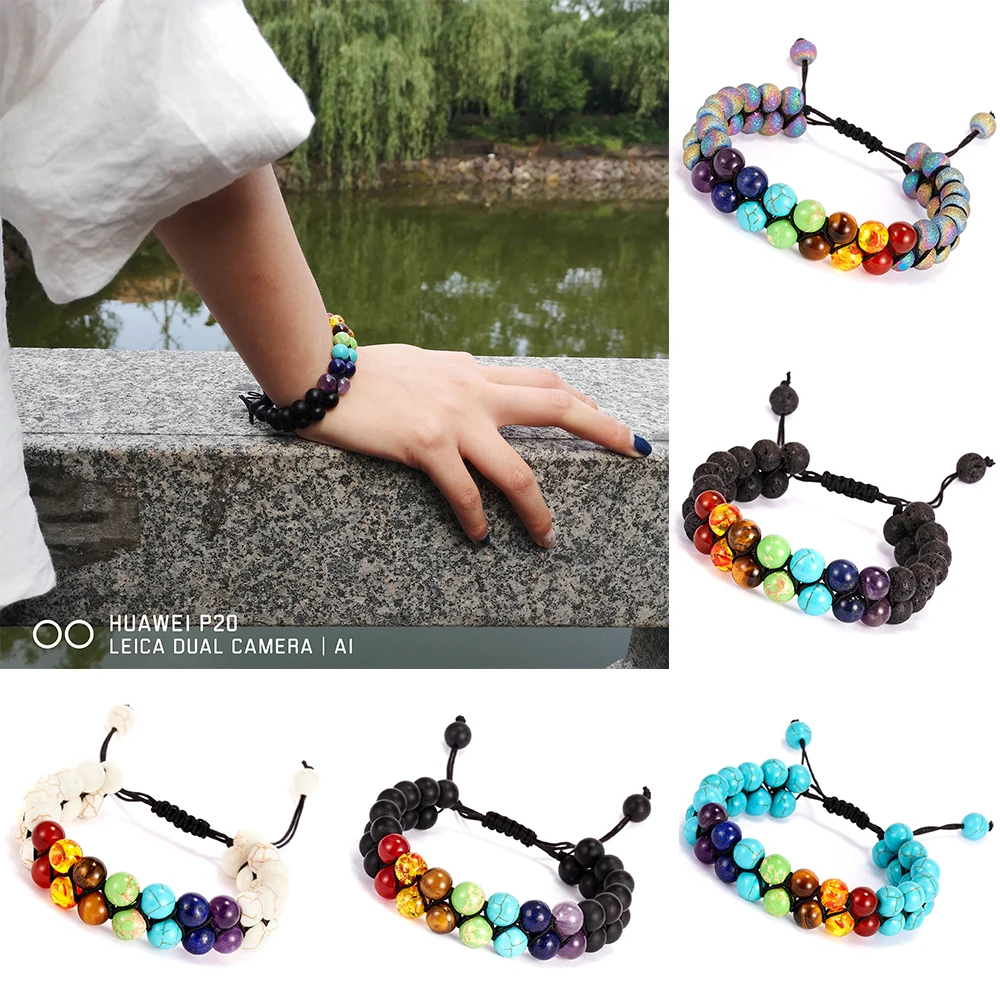 

Rinhoo Trendy 7 Chakra Natural Stone Woven Adjustable Yoga Bracelet Femme Bohemian Multi-layer Rope Bead Ethnic Bracelet Jewelry