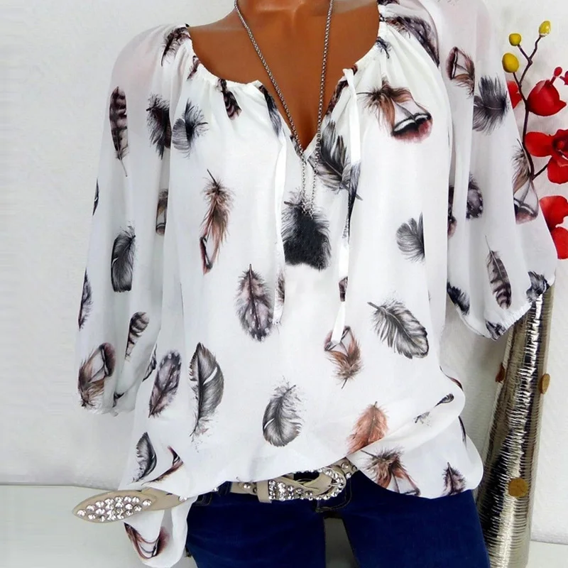 

Fashion 5XL Plus Large Size Women's Blouses Summer Tops New Leisure Blouse White Loose Feather Print V Neck Half Sleeve Shirts