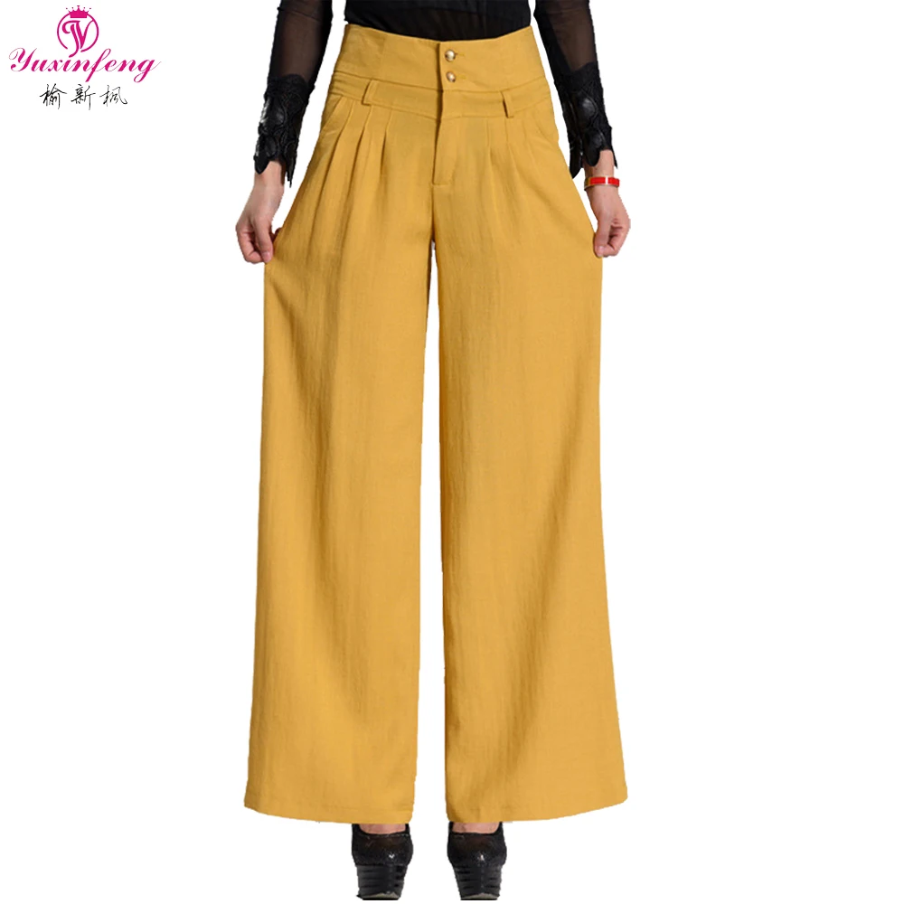 Yuxinfeng Spring Summer Casula Linen Pants Women Yellow Black High Waist Wide Leg Trousers Lady