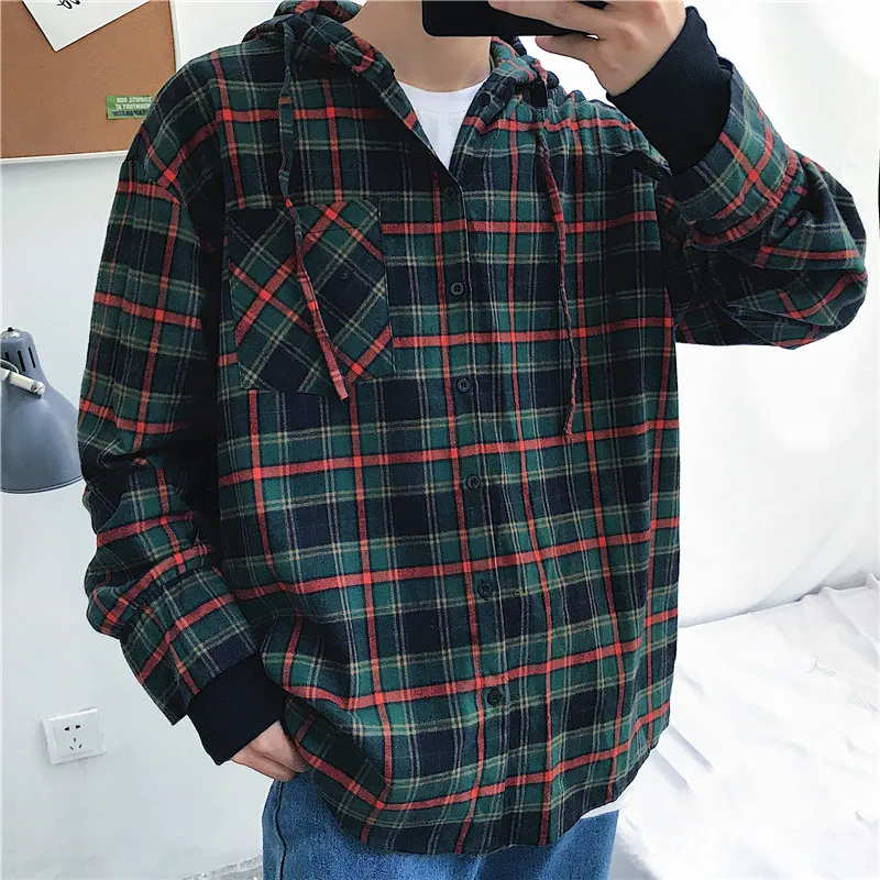 Cotton Men's shirt with hood Plaid Green Blue Oversize Autumn Winter ...