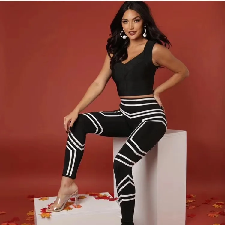 

Celebrity High Quality Black White Geometric 2 Pieces Set Rayon Bandage Set Night Club Party Set