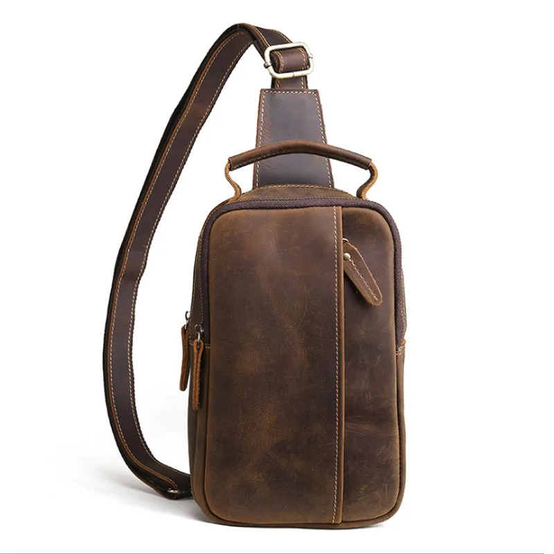 Brown Винтаж для мужчин груди Сумки Crazy Horse пояса из натуральной кожи Слинг день Back Pack дорожная сумка через плечо курьерские - Цвет: Brown