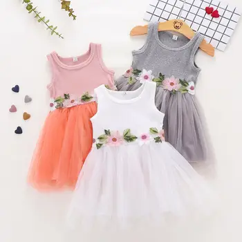 

2019 Baby Infant Girl Summer Dress Cotton Flowers Belt Mesh Princess Dresses Girls Kids Sweet Clothes Wholesale 4pcs lot