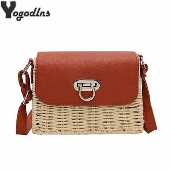 

Vintage Women woven Handbags Handmade Straw Bag+PU Leather Square Flap Crossbody Bag Casual Weaving Shoulder Bags