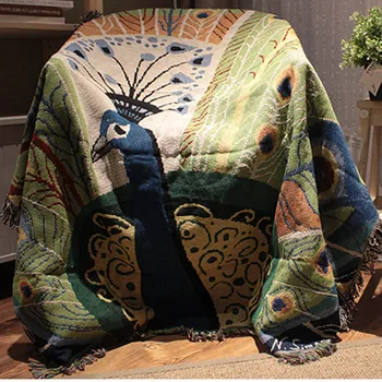 

Peacock Tapestry Cotton thread Carpet Sofa Towel tassel Casual Blanket Bed linings New Year Retro Wall decoration 125X150cm