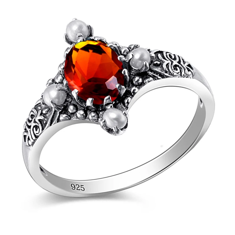 

Vintage 925 Sterling Silver Cocktail Rings Woman Wedding Party CZ Pearl Ring Flower Carved Created Precious Stone Fine Jewelry