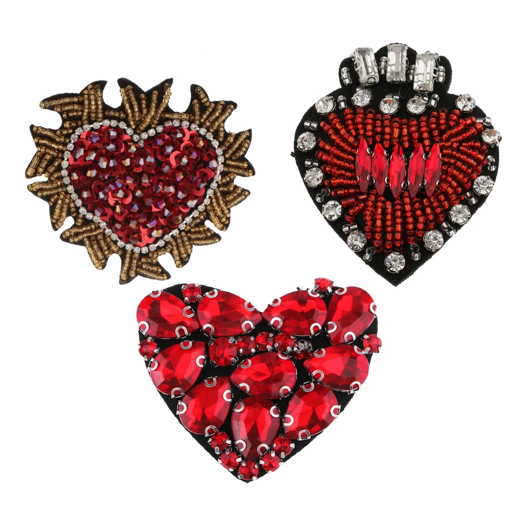 3 Pieces Beaded Crystal Love Heart Badge Applique Patch Sew On Patch DIY Sewing Accessories