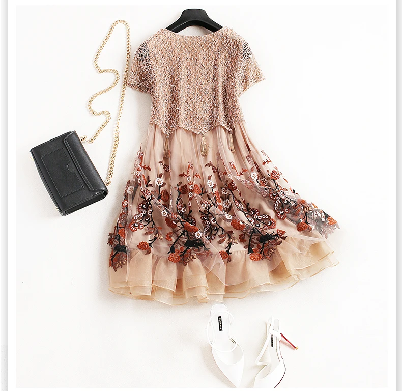 Весенне-летнее дизайнерское женское платье хаки трапециевидной формы мини-платье с бисером и кружевным верхом высокого качества милое платье с цветочной вышивкой