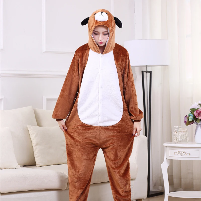Cute Brown Dog Onesie Flannel One-Piece Pajamas Kigurumi Animal  Doggie Sleepwear Women And Men For Halloween Cosplay Party (3)