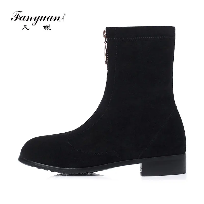 

Fanyuan Round buckle Zipper Motorcycle boots Winter warm Black Flat Mid-calf Boots Elastic fleece autumn Women shoes botas mujer