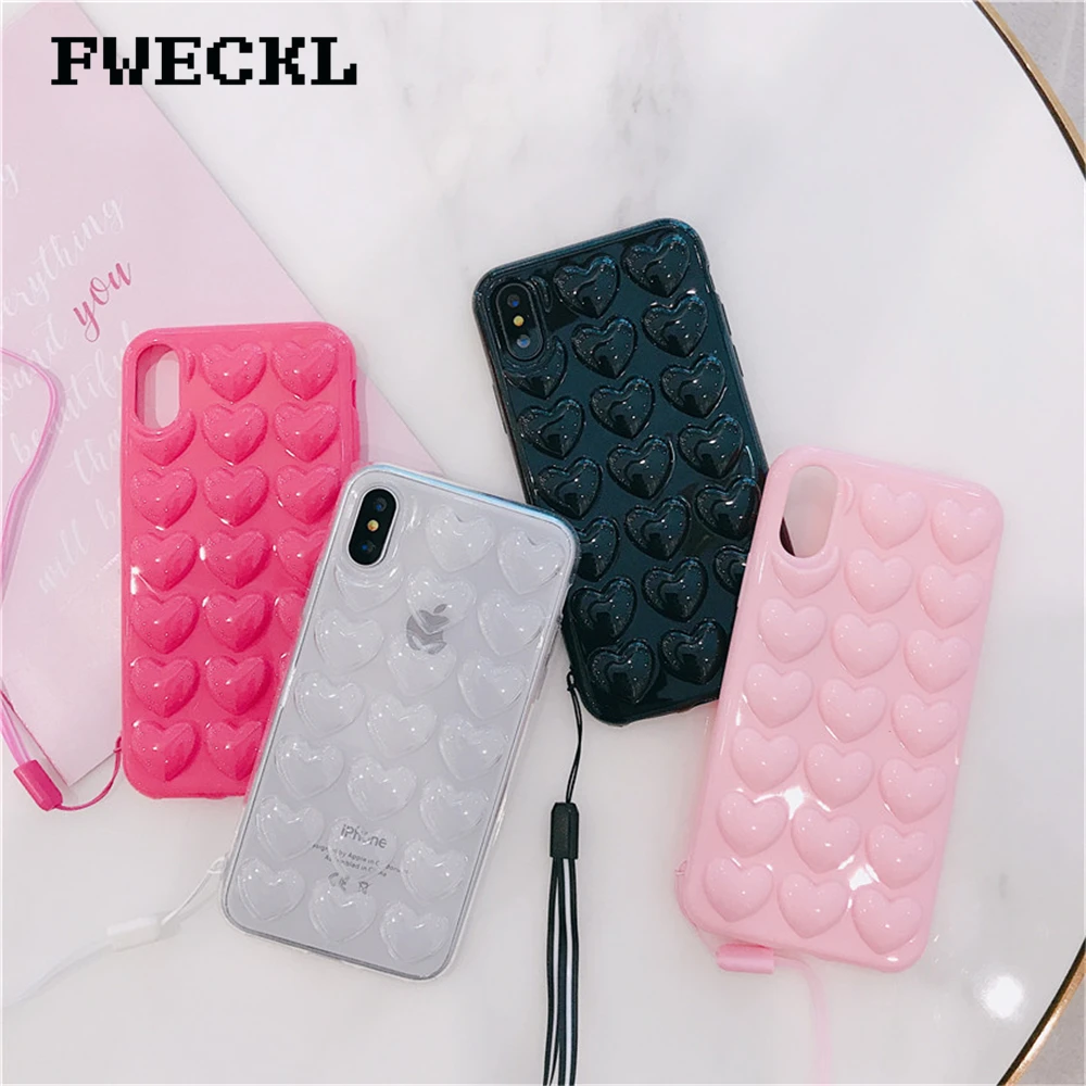 3D Love Heart Phone Case For iPhone X XS MAX XR Cartoon Cases 7 8 6 6S Plus Soft TPU Protection Cover With Lanyard |