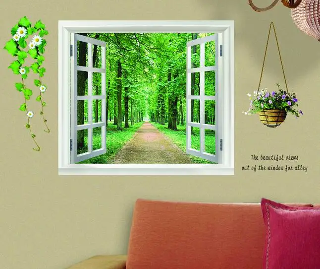 

False scenery outside window tree-lined trail Removable Wall Stickers Float Mural PVC Home Decor Room Decals Wallpaper Sticker