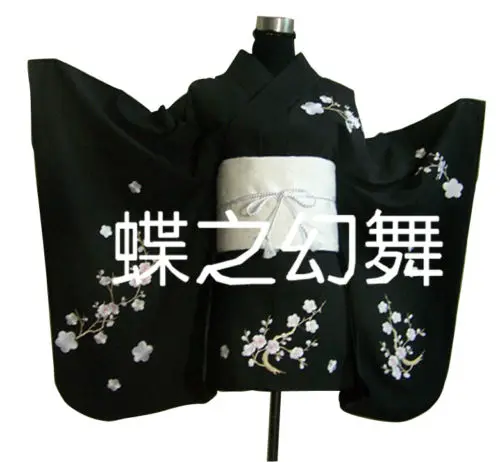 

Japan Anime Floral Kimono Traditional Women black Short Furisode Cosplay Costume