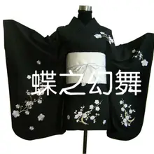 Японское аниме цветочные кимоно традиционные женские черные короткие Furisode Косплей Костюм