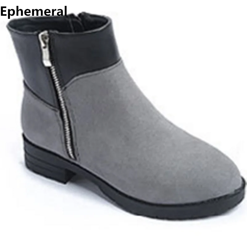 

Ladies cow suede boots with platform 2 zippers thick bottom round toe warm botas mujer for winter plus size 43-34 grey black