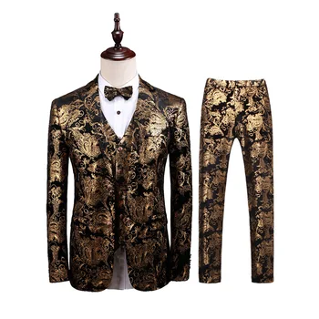 

Men's suit men's suit three-piece suit (jacket + pants + vest) local gold single-breasted slim suit men's banquet party dress