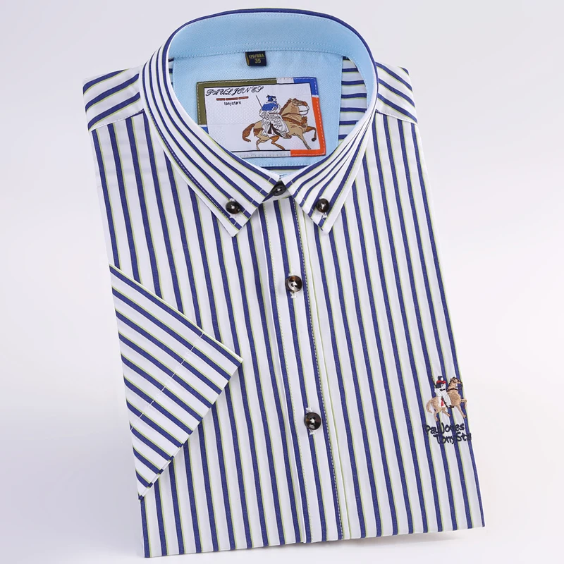 

Men's Short Sleeve Wrinkle-Resistant Plaid/striped Dress Shirt with Embroidered Logo Regular-fit Button-down Soft Formal Shirts