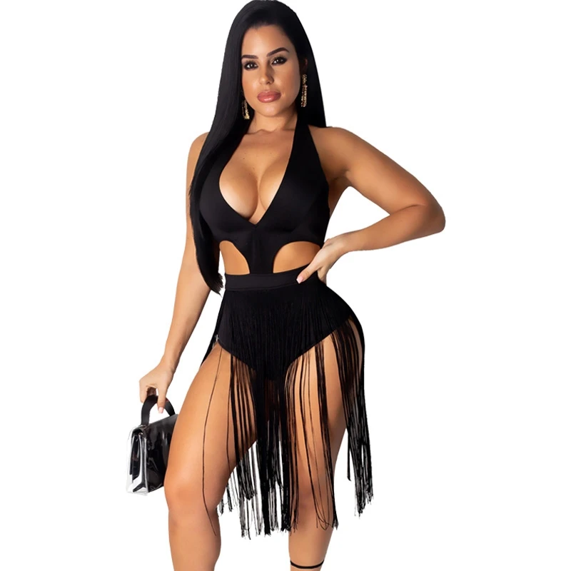 

2019 Women Sexy Summer Beach Dress Boho Sleeveless V Neck Fringe Tassel Dress Party Club Hollow Out Black Sexy Bodycon Dress
