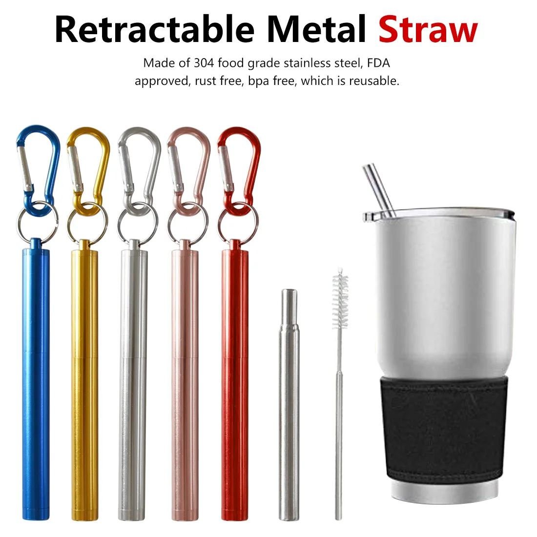 

Metal Straw Portable Reusable Collapsible Drinking Straw Stainless Steel Telescopic Straws with Cleaner Brush