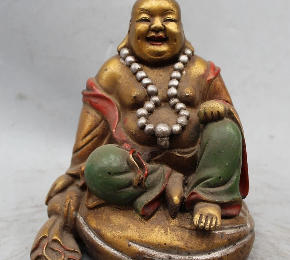 

7" Chinese Buddhism Bronze Painted Seat Happy Laugh Maitreya Buddha Statue Sculp