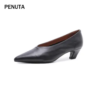 

2019 PENUTA Ladies Shoes With Heels Genuine Leather Pumps Women Shoes Pointy Toe Woman Lolita Shoes European Designer PG917
