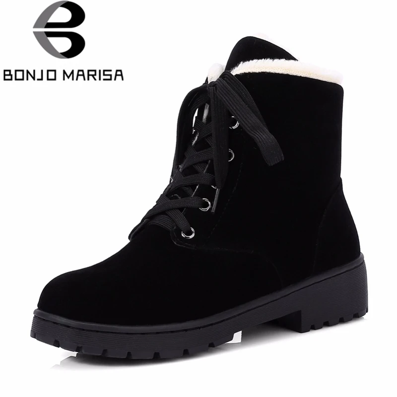 Vente BONJOMARISA Femmes de Cheville Plate Forme de Neige Bottes Hiver 2019 Nouvelle Grande Taille 34 43 dentelle up Chaud De Fourrure casual Med Talons Chaussures Femme
