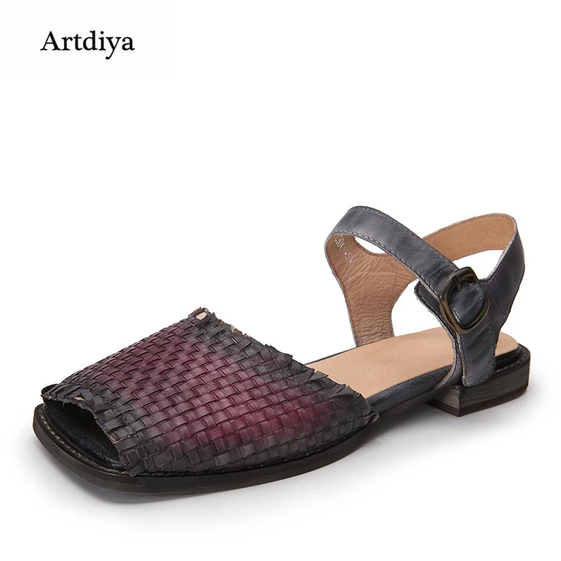 

Artdiya Original New Braided Cowhide Low Heels Women Sandals Retro Handmade Buckle Square Toe Peep Toe Sandals 7551