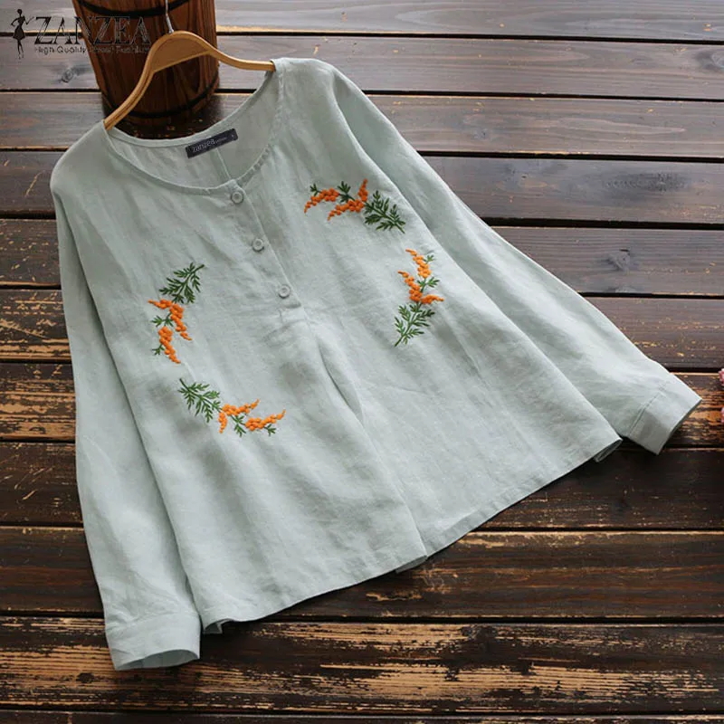 ZANZEA женская блузка с вышивкой, Винтажные льняные топы на пуговицах с круглым вырезом, женские рубашки с цветочным принтом, топы размера плюс, блузы