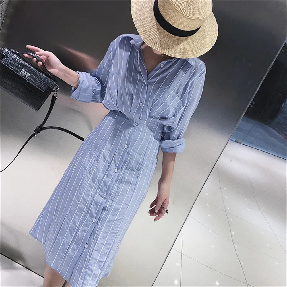 Long Sleeve Korean Style Women Spring Dresses Bule Striped Shirt Office Lady Dress Robe Femme Elegant Casual Party Dresses Women