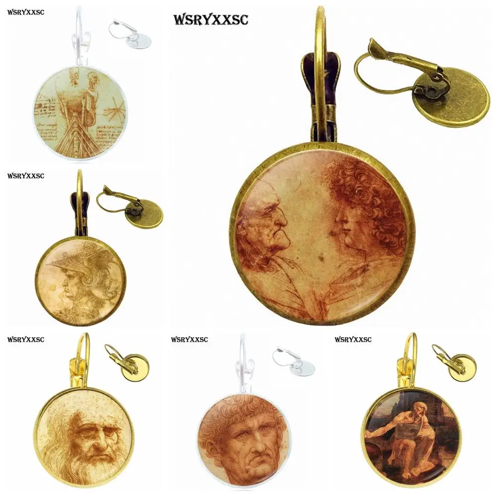 

EJ Glaze Leonardo Da Vinci For Girls Gifts Bronze/Silver/Golden Clip Ear Hook Drop Earrings Statement Glass Cabochon