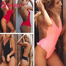 Новинка, Женский Цельный купальник с оборками, сплошной цвет, Цельный купальник, открытая спина, сексуальный купальник, летняя пляжная одежда