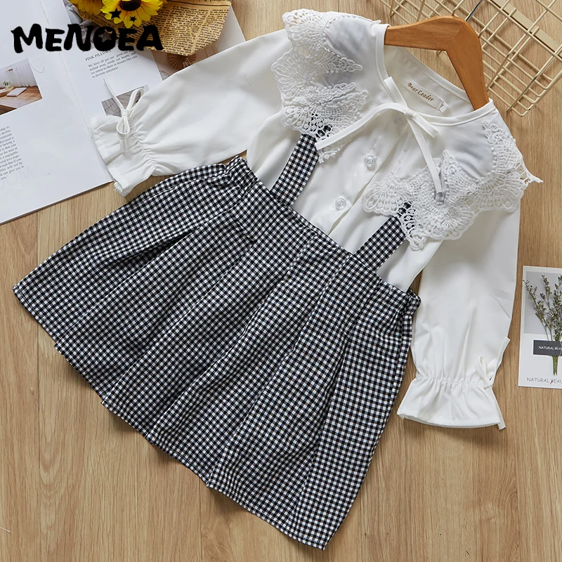 

Menoea Girls Dresses Preppy Style Autumn Long Sleeve T-shirt + Plaid Strap Dress for 3-7 Years Lace Princess Dress Kids Clothes