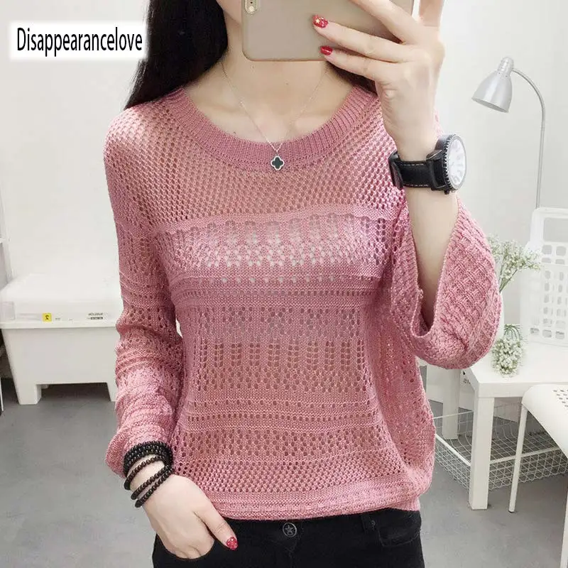 2018 Autumn Female Knitwear Loose Thin Long Sleeves Women Sweaters Simple Fashion Hollow-out O-neck Knitted Sweater Sweaters