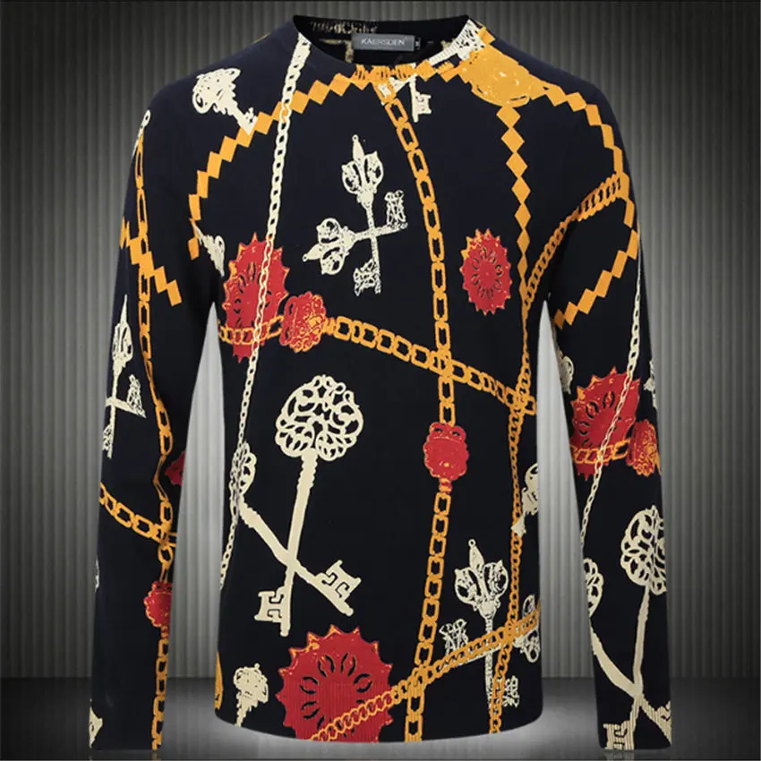 Мужской пуловер с цветочным принтом, свитер, весна-осень, вязаный камвольный шерстяной бренд, повседневный тонкий, плюс размер, кашемировый свитер, F1932