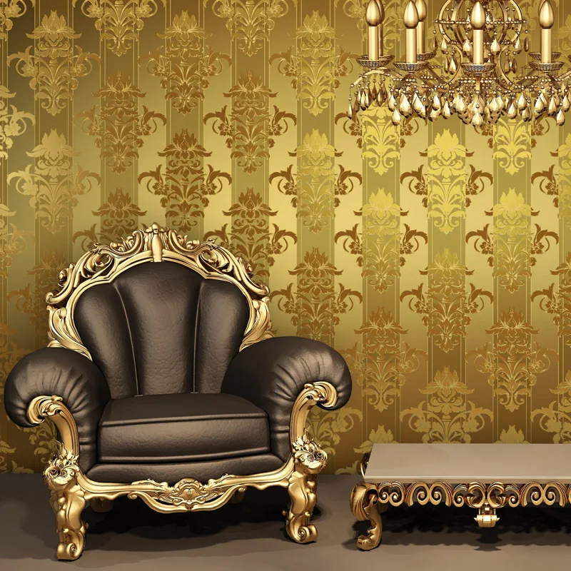 Luxury Gold Foil 3d Effect Gold Damask Wallpaper Rolls Stripes Ceiling
