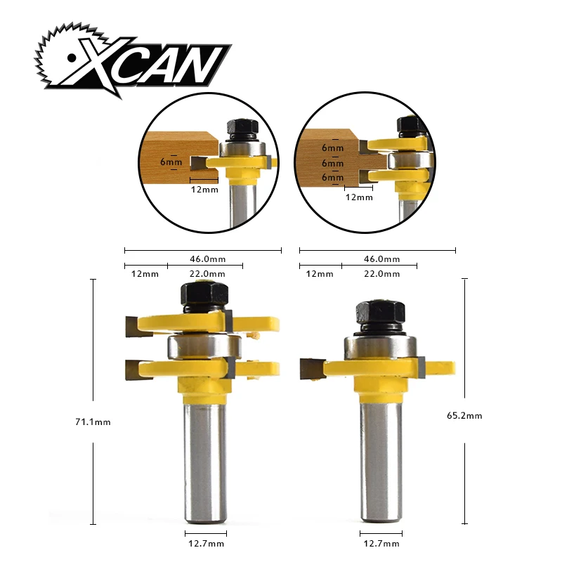 

XCAN 2Pcs Matched Tongue & Groove Router Bit 1/4" Stock 1/2" Shank 3 Teeth T-shape Wood For Woodworking Tool