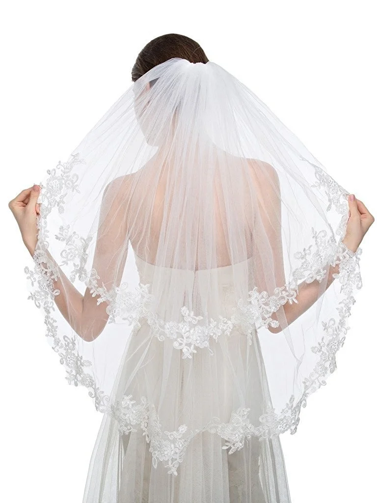 

Edith qi Elegant Wedding Veil 2T Two-tier Elbow Veils Lace Applique Edge with Comb velo para novia wedding veils for bride