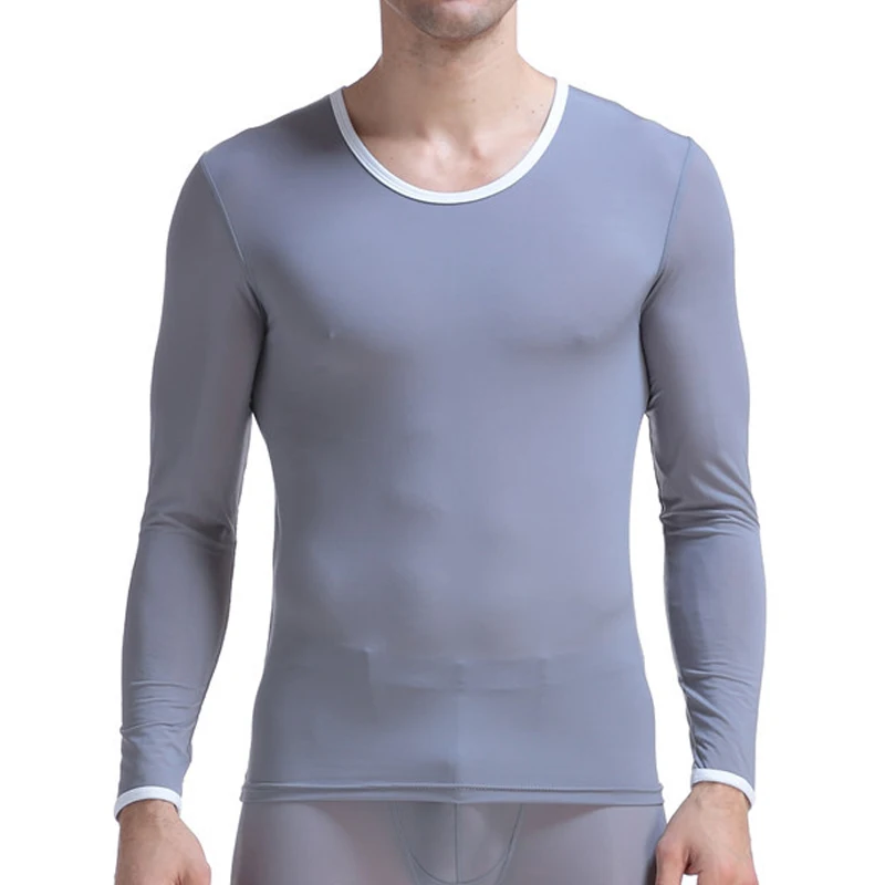 CLEVER-MENMODE Men's Undershirt Thermal Super Thin Men Ice Silk Underwear Sheer T Shirts Long Johns Male Long Sleeves Tops Tees