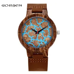 Мода деревянные часы синее море Творческий трещины Уход за кожей лица Дизайн кварцевые наручные часы Для мужчин Для женщин Дерево ремень